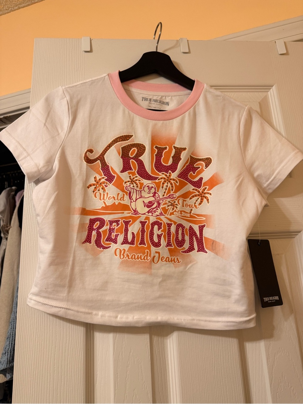 True Religion White Tee with Pink Neckline and Orange-Pink Graphic